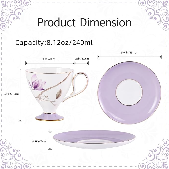 KAMMAK Ceramic Coffee Cups Saucers Set of 2, Porcelain Espresso Cups - Image 2
