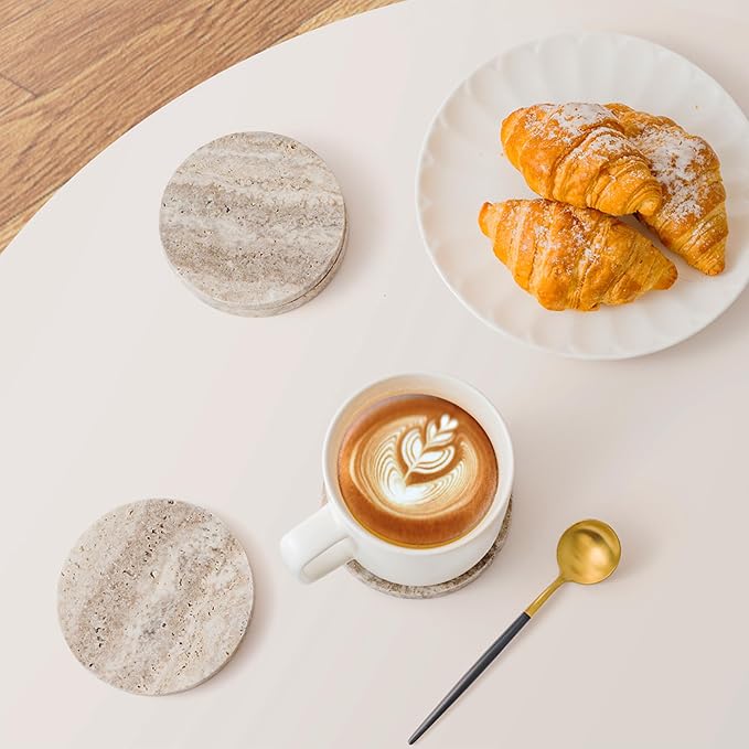 Marble Coaster for Drinks 4" Diameter Set of 4 Round Travertine Coasters for - Image 2