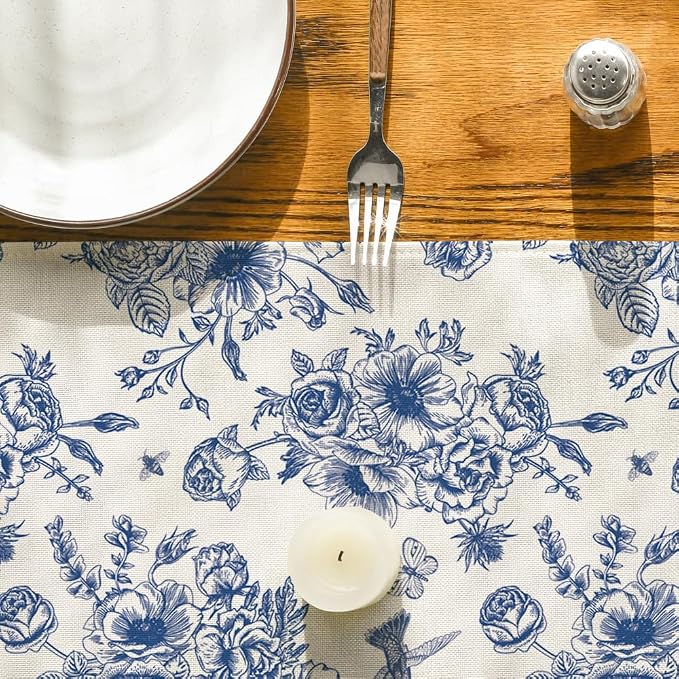 Artoid Mode Spring Navy Blue Floral Chinoiserie Table Runner, Seasonal Summer - Image 7