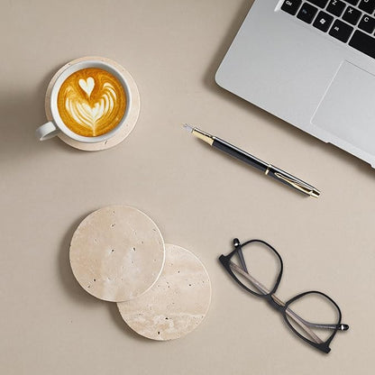 Italian Travertine Coasters Set of 6, Farmhouse Rustic Neutral Style Marble Drink Coasters for Coffee Table Decor, 4 Inch Round Porous Natural Stone Absorbent Coaster, Housewarming Gift