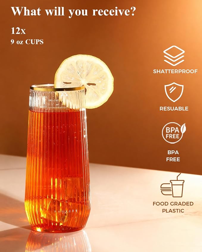 BESTSTAR 24 Pack Gold Rim Plastic Ribbed Origami Ripple Plastic Glasses | 12 9 - Image 5