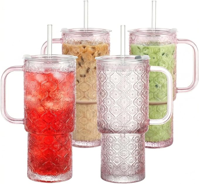 20 oz Pink Glass Tumbler with Lid and Straw, Glass Iced Coffee Cups, by Unknown