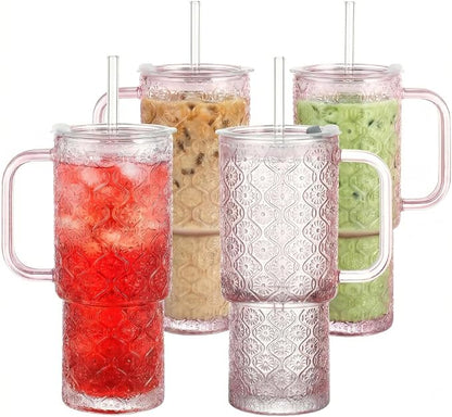 20 oz Pink Glass Tumbler with Lid and Straw, Glass Iced Coffee Cups, by Unknown