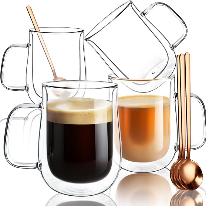 Double Walled Glass Coffee Mugs 16 OZ, Borosilicate Glass Coffee Cups Set of 4 by COMOME