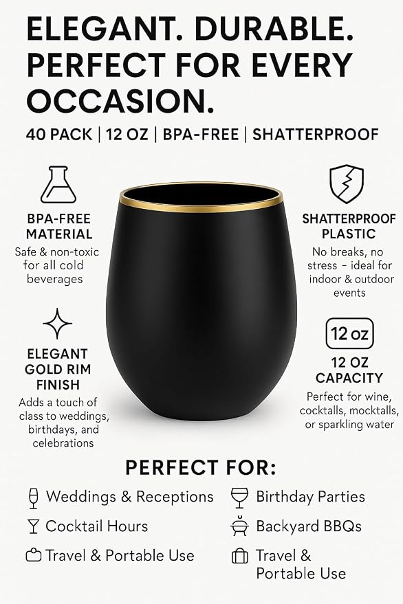 40 Pack Disposable Plastic Wine Glasses 12 oz Black Gold Rim Matte Cups | - Image 3