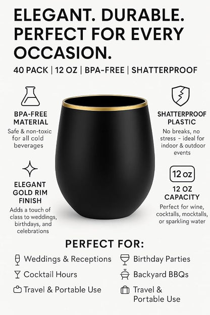 40 Pack Disposable Plastic Wine Glasses 12 oz Black Gold Rim Matte Cups | - Image 3