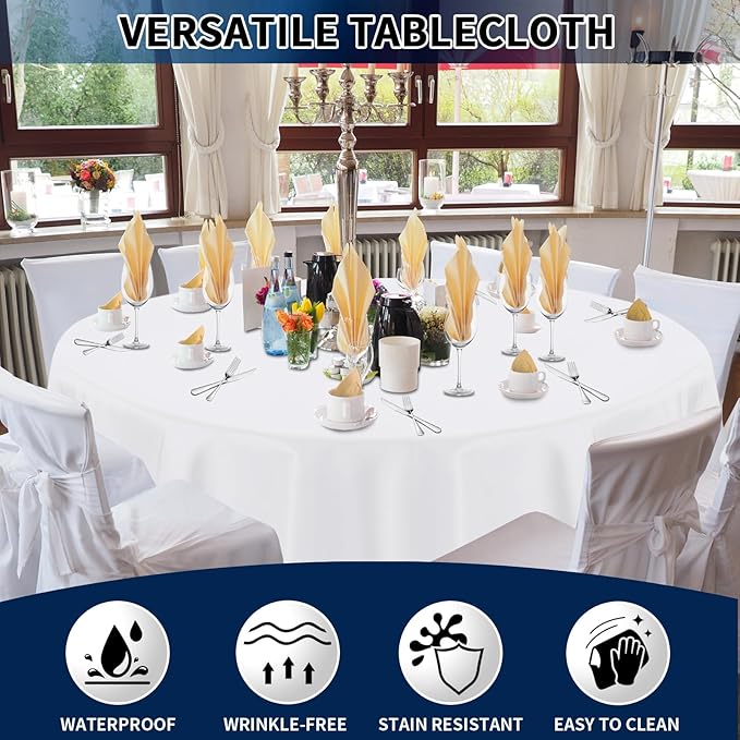 PureFit 10 Pack Round White Table Cloths 120 Inch for Round Tables, Stain and Wrinkle Resistant Table Linens for Home Use, Wedding, Party, Banquet and Camping
