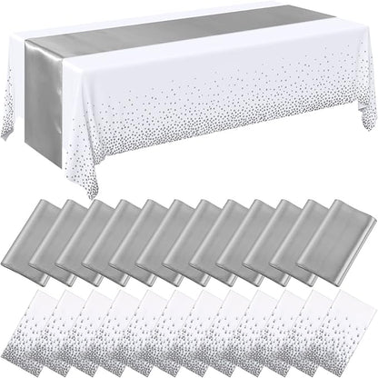Breling 24 Packs White and Silver Disposable Plastic Tablecloths and Satin Table Runner Set, 54 x 108 Inch Tablecloth, 12 x 108 Inch Table Runners for Wedding Graduation Birthday Baby Shower