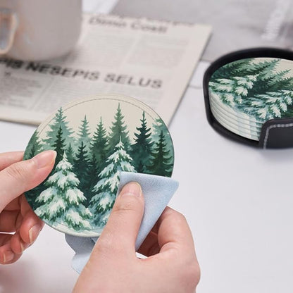 Winter Snow Scene Forest Green Christmas Tree Coasters - Image 5