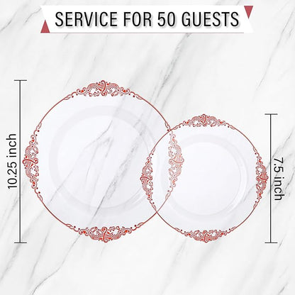 Nervure 100PCS Clear and Red Plastic Plates - Clear Red Disposable Plates Set, 50PCS 10.25" Dinner Plate & 50PCS 7.5" Dessert Plate Perfect for Wedding & Party