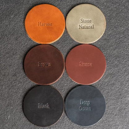 Ox & Pine Personalized Leather Coaster - Sold Individually or in Sets of 4 - Customize Inscription - 100% Full-Grain Leather – 4" Round or 4" Square (Round, Brown, 1 Individual Coaster)