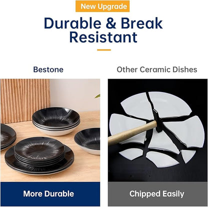 Bestone 12-Piece Round Porcelain Dinnerware Set, Service for 4, Chip Resistant Plates and Bowls, Starburst Turquoise Black, Dishwasher & Microwave Safe for Home Daily Use