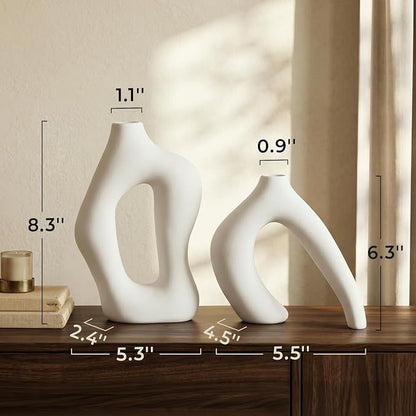 Dowan White Vases for Decor, Hollow Ceramic Vase Set of 2, 8.3" Nordic Modern - Image 2