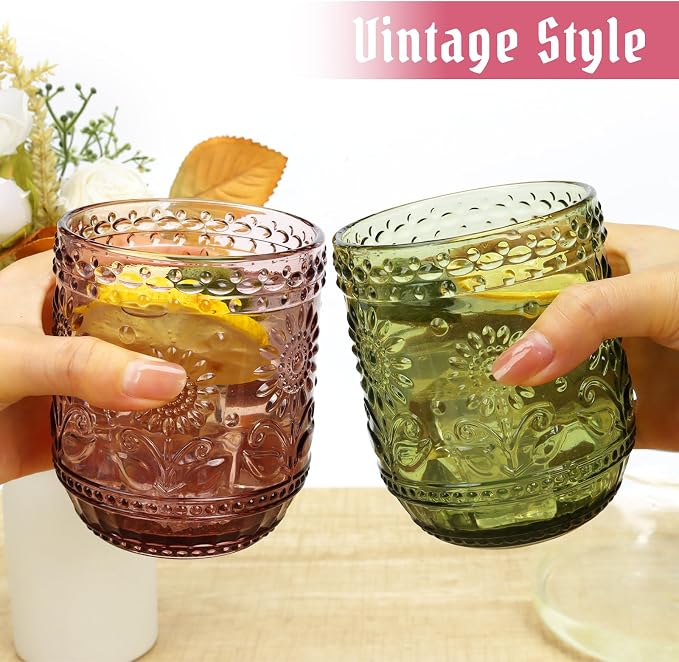 Topsky Vintage Drinking Glass Set of 4, 12 oz Embossed Floral Drinkware Set - Image 3