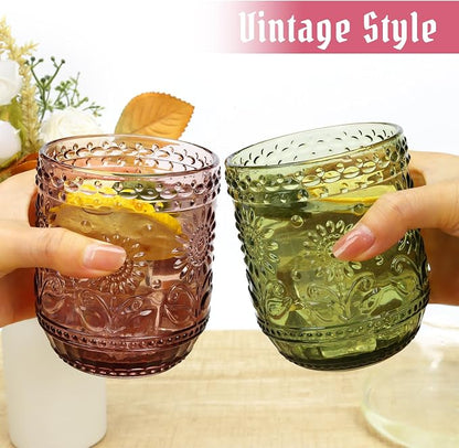 Topsky Vintage Drinking Glass Set of 4, 12 oz Embossed Floral Drinkware Set - Image 3