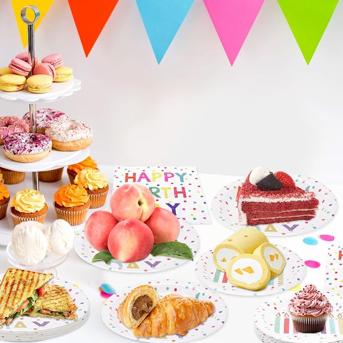 60PCS Birthday Plates and Napkins Set, Serve 20 | Rainbow Dot Party Supplies - Image 6