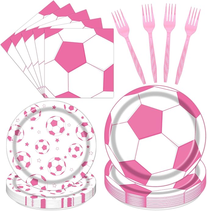 Rakuto Pink Soccer Party Decorations 96PCS Plates Napkins Set | Pink Soccer by Rakuto