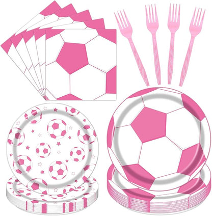 Rakuto Pink Soccer Party Decorations 96PCS Plates Napkins Set | Pink Soccer by Rakuto
