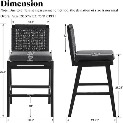 Carbon Black Bar Stools Set of 4, 27.3 Inch Counter Height Stools Upholstered Linen Armless Bar Chairs with Woven Rope Backrest Wooden Legs for Kitchen Island Dining Room