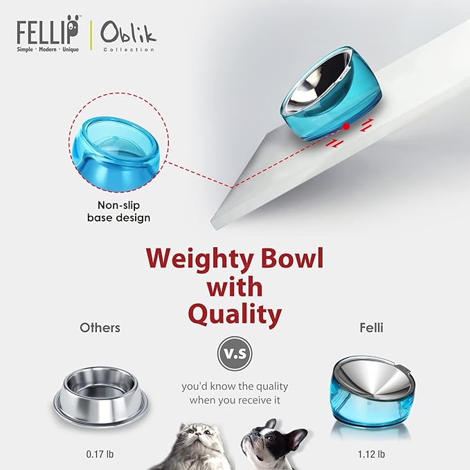 Felli Pet Oblik Whisker Fatigue Cat Food Bowl Raised Stainless Steel Shallow Dish, Pet Design Anti Vomit Tilted Metal Plate Feeder Elevated Acrylic Base(Sapphire, 0.5 Cups Shallow Dish)