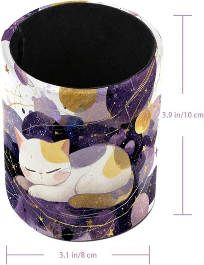 Leather Pen Holder for Desk, Space Cat Pencil Cup Pen Organizer Makeup Brush - Image 3