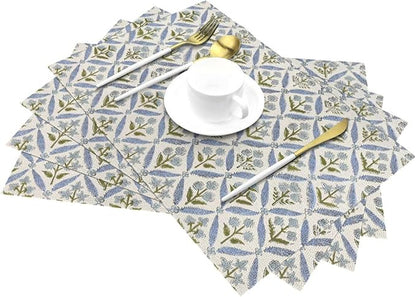 Block Print Floral Placemats 12x18 Inches Set of 4, Boho Blue Flower Decorative Modern Rectangle Table Mats for Party, Home Kitchen,Dining Table Decoration
