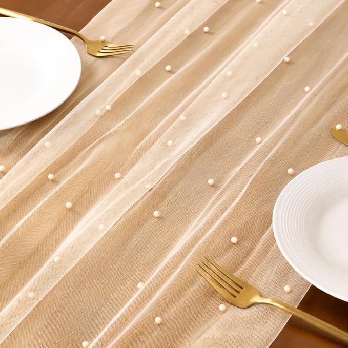 Pearl Table Runner Summer Tulle Gauze Sheer Wedding Party Home Decor | Peach - Image 5