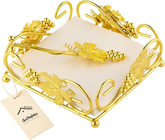 Flat Napkin Holder for Table Gold With Weight Arm for Kitchen Courtertops Dinning Table Grape Leaf Modern Tissue Dispenser Stainless Steel Gilding (7" L X 7" W X 2.5" H)