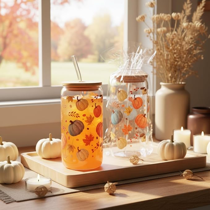 Sliner 2 Pcs Pumpkin Glass Cups Fall Drinking Tumbler - Image 2