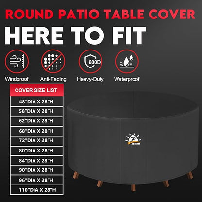 Zettum Round Patio Table Cover 80 Inch - 600D Outdoor Furniture Cover Round Waterproof & Heavy Duty, Large Lawn Furniture Set Covers for Outside Dining Table and Chairs Seating - 80 x 80 x 28 Inch