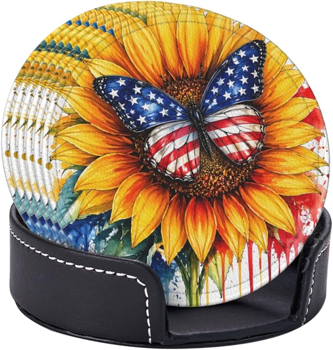 Patriotic Sunflower Butterfly Art Leather Coasters Set of 6 - Image 2