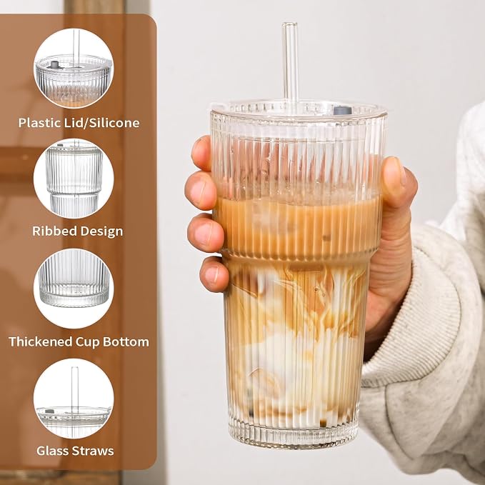 20oz Ribbed Glass Cups with Lids and Straws, Iced Coffee Cups Drinking Glasses - Image 6