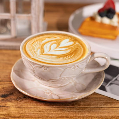 Ceramic Latte Cup with Saucer, 12 OZ Cappuccino Cup Vintage Cafe Art Cups - Image 2
