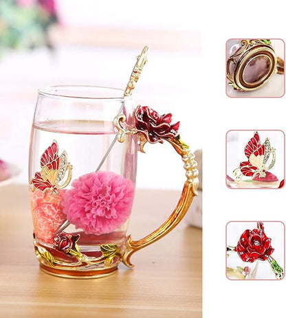 Birthday Gifts For Women, Enamel Butterfly Flower Glass Tea Cup Rose Red Coffee - Image 3