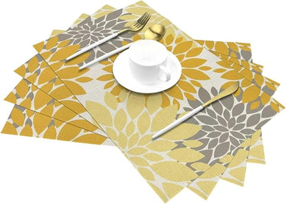 Boho Placemats 12x18 Inches Set of 4, Yellow Gray Dahlia Floral Decorative Place mats Fall Rectangle Flower Table Mats for Party Home Kitchen Dining Table Decor