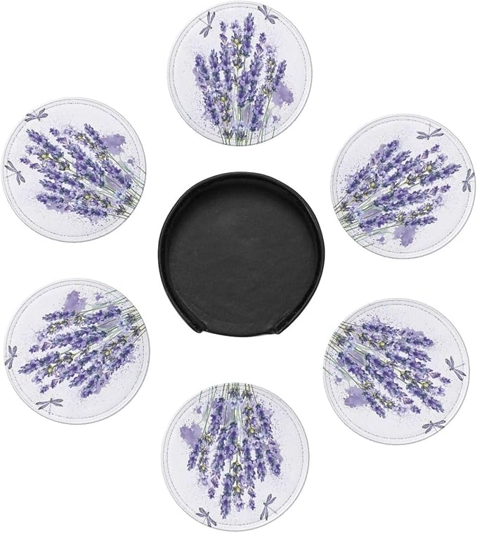 6 Pcs Lavender Flower Purple Floral Dragonfly Leather Coasters - Image 7