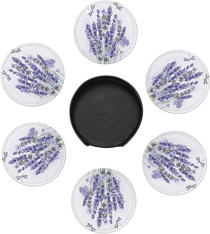 6 Pcs Lavender Flower Purple Floral Dragonfly Leather Coasters - Image 7