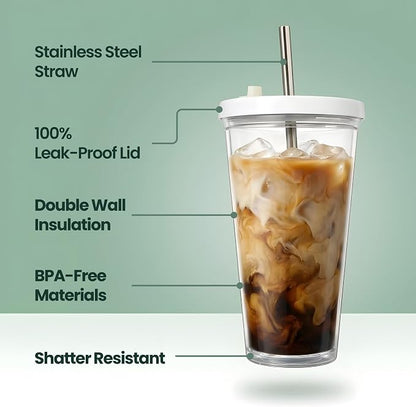 Reusable Iced Coffee Cup with Lid and Straw, 16 oz/Grande, BPA-Free Double-Wall - Image 3