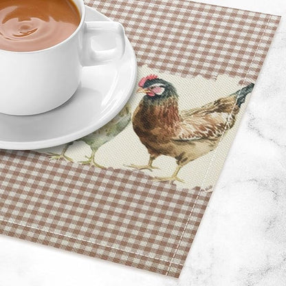 Rustic Rooster Placemat Set, Vintage Boho Farmhouse Colorful Watertcolor Chicken Pink Plaid Pattern Home Decor Table Mats for Dining Room Kitchen Party (17x12in) x4P