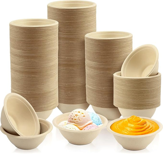 LeonBach 150 Pack 6oz Natural Bagasse Fiber Bowls, Small Disposable Paper Bowls Microwavable Safe Sample Snack Cups Charcuterie Serving Cups for Sauce Portion Condiment Ice Cream Desserts