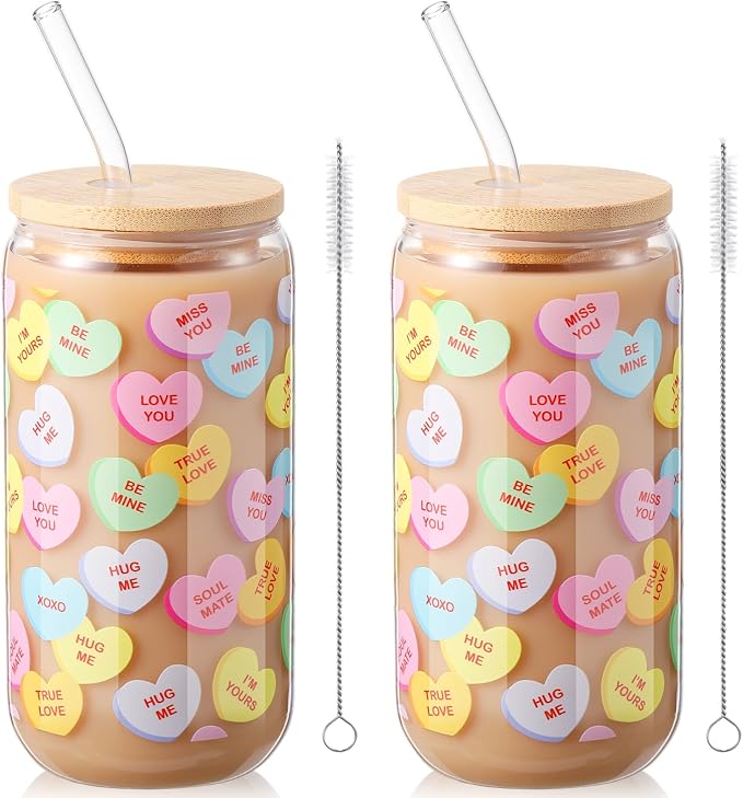 Sliner 2 Pcs Valentine's Day Cups Conversation Heart Glass Tumbler by Sliner