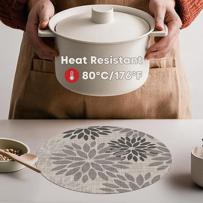 Artoid Mode Gray Dahlia Plastic Round Placemats Set of 4, 14 Inch Seasonal Wipeable Woven Vinyl Table Mats for Farmhouse Party Kitchen Dining Decor
