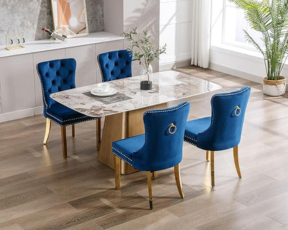KCC Velvet Dining Chairs Set of 2, Upholstered High-end Tufted Dining Chair with Nailhead Back Ring Pull Trim Stainless Steel Legs, Contemporary Nikki Collection Modern Style for Kitchen, Blue