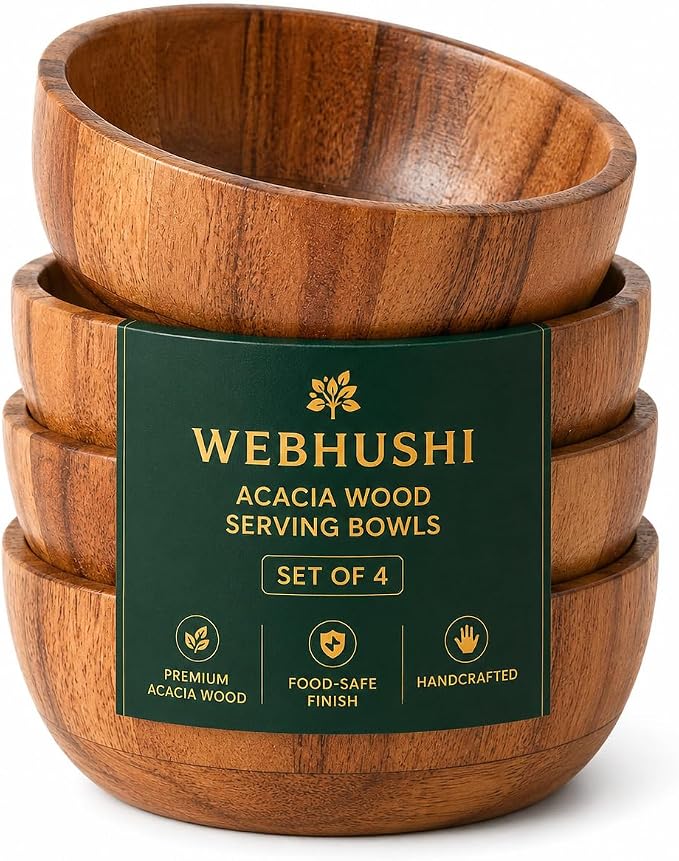 Acacia Wood Round Serving Bowls Set of 4 U Shape Handmade 4.75 Inch Medium Size by WEBHUSHI