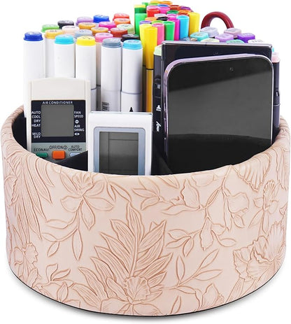 Hennaja Remote Control Holder, 360°Spinning PU Leather Desk TV Remote Caddy,Desk Storage Box Room Accessories for Controller, Media,Mail,Calculator, Mobile Phone,Pencil(1-Carved Light Brown)