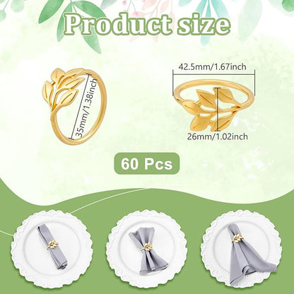 Peacoblue 60Pcs Gold Leaf Rings Holders Modern Stainless Steel Napkin Ring Holders for Table Decor Settings, Vintage Napkin Ring for Wedding Christmas Thanksgiving Day Party