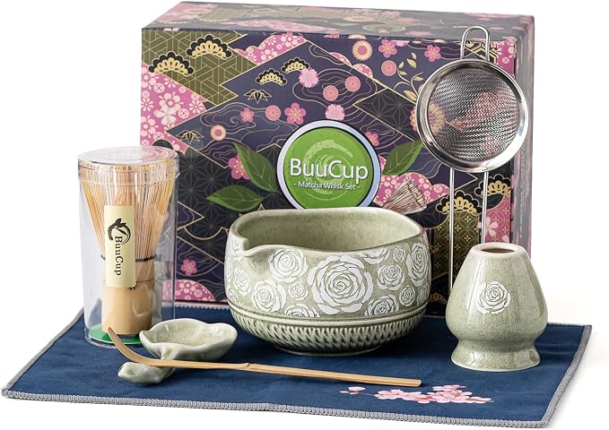 Matcha Whisk Set, 7-Pc Ceramic Matcha Bowl Kit, Bamboo Whisk, （Rose Green） | by Buucup
