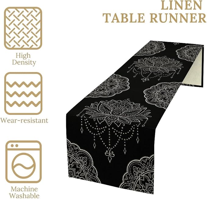 Lotus Flower Table Runner, Bohemian Ethnic Oriental Mandala Black White Floral - Image 4