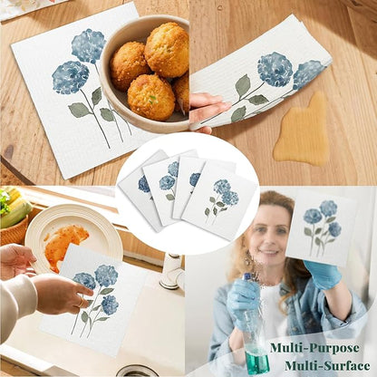 Spring Floral Swedish Dishcloths for Kitchen, Swedish Dish Cleaning Cloths for Flowers, Papaya Reusable Paper Towels, 4 Pack Dish Towels for Kitchen, Reusable Paper Dishcloths Washable