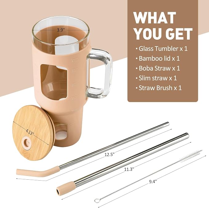 WINSA Glass Tumbler with Straw and Lid, 40 oz, Amber | Iced Coffee Cup with - Image 3